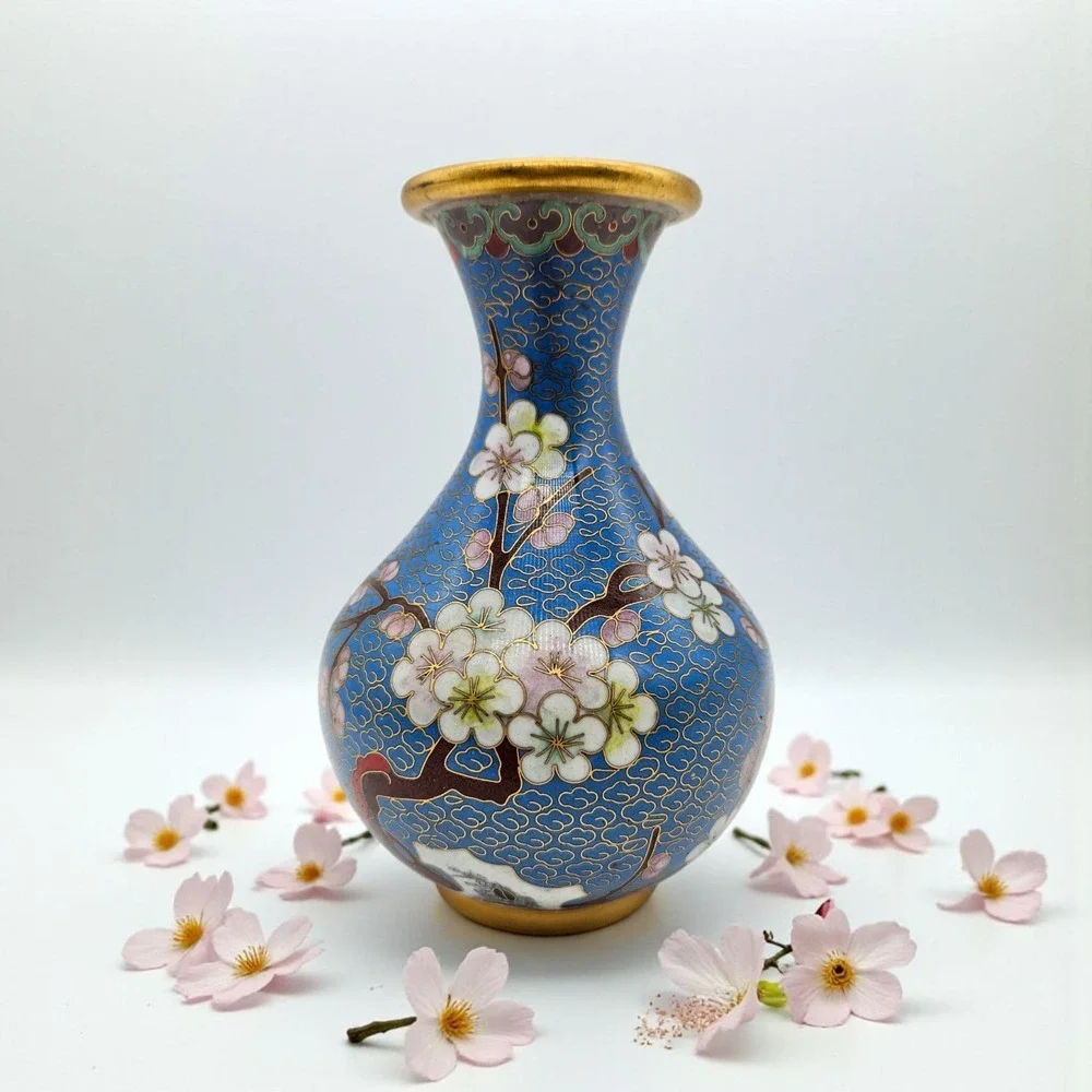 VTG Chinese Mid Century Cloisonne Brass Enamel Bud Vase Blue FLORAL Butterfly 6